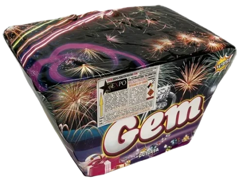 Fuegos artificiales tipo torta con 49 disparos y efectos estrellados.