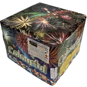 Torta pirotécnica de 64 tiros con efectos multicolor para shows nocturnos.