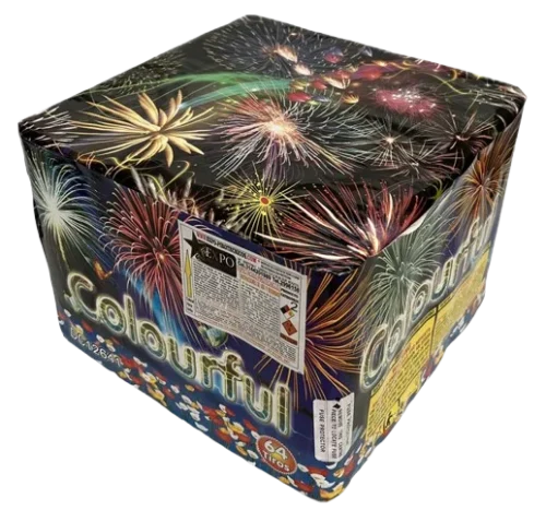 Torta pirotécnica de 64 tiros con efectos multicolor para shows nocturnos.