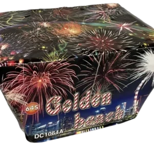 Torta pirotécnica Golden Beach de 64 tiros con efectos dorados y disparo de 0.8"