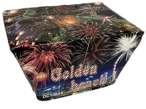 Torta pirotécnica Golden Beach de 64 tiros con efectos dorados y disparo de 0.8"
