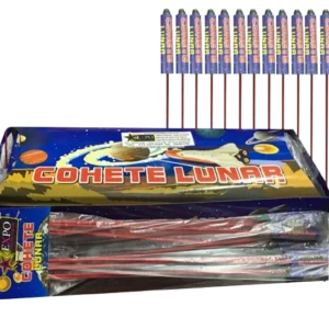 Cohete pirotécnico Lunar con despegue estruendoso y efecto brillante en altura.
