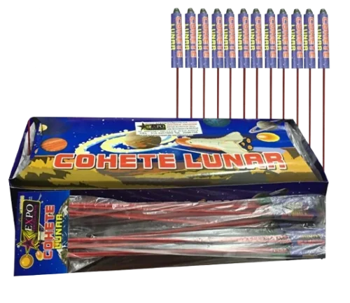 Cohete pirotécnico Lunar con despegue estruendoso y efecto brillante en altura.