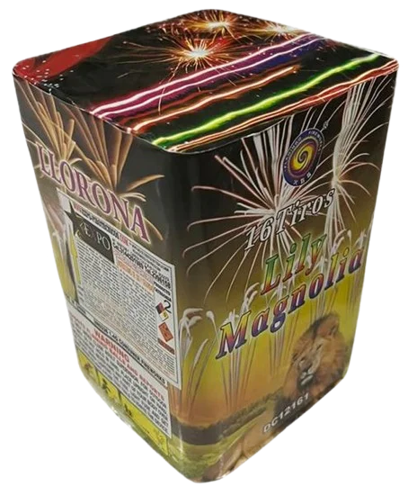 Torta Lily Amarilla de 16 tiros con destellos dorados y efectos ascendentes.