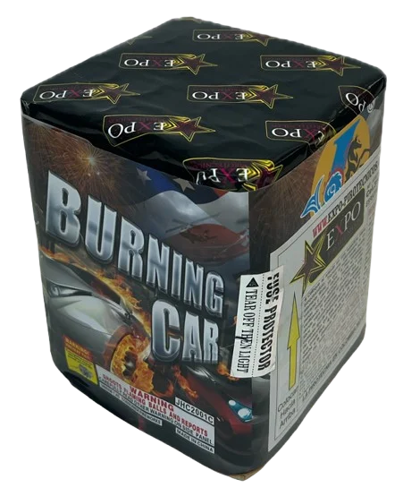 Torta Burning Car de 25 tiros con efectos explosivos y destellos rojos intensos.
