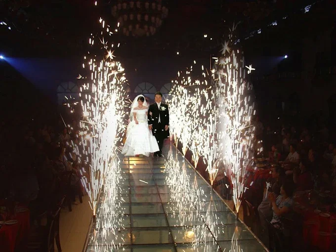 Novios ingresando al salón entre luces y efectos pirotécnicos